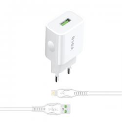 S-Link Telefon töltő - AND-EC14B Lightning  (1db USB, 5V/1A, 5W, Lightning-USB 100cm adat+töltőkábel, fehér)