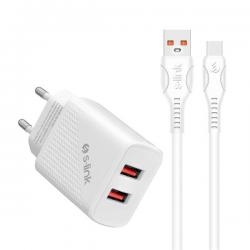 S-Link Hálózati töltő - SL-EC50T (2db USB, 5V/2.4A, 12W, Gyorstöltés, USB Type-C, 100cm adat+töltőkábel, fehér)